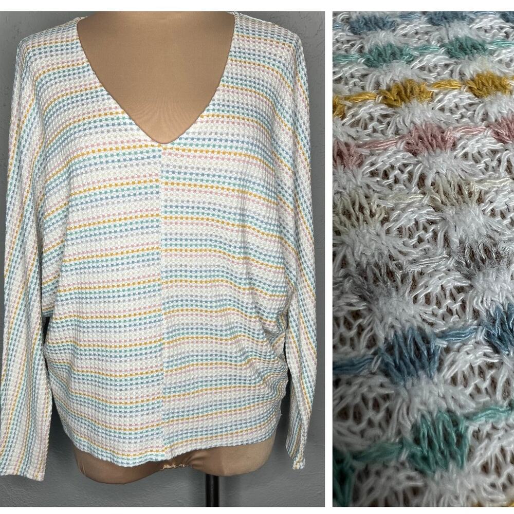 Karlie Sweater Small Womens Multicolor Rainbow Dolman Sleeve Knit V-Neck Relaxed
